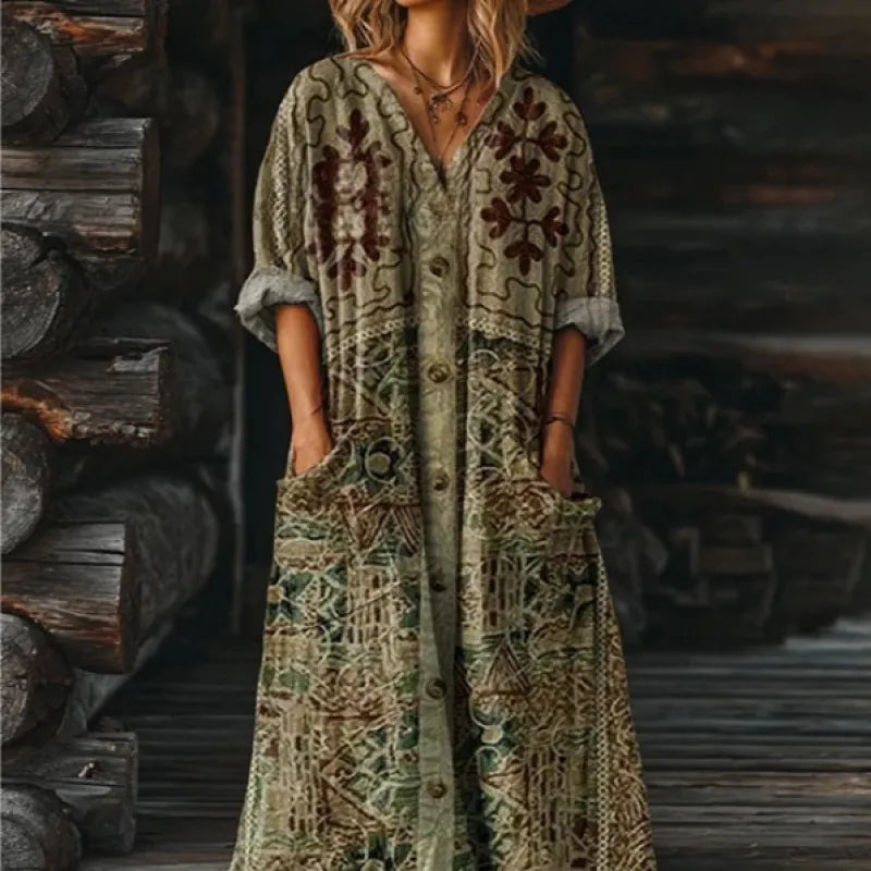 Vintage-Maxikleid für Damen mit Blumenmuster – lässiger V-Ausschnitt mit Taschen