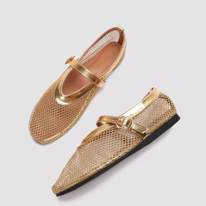 Women's Breathable Mesh Ballet Flats – Round Toe and Flat Buckle Strap