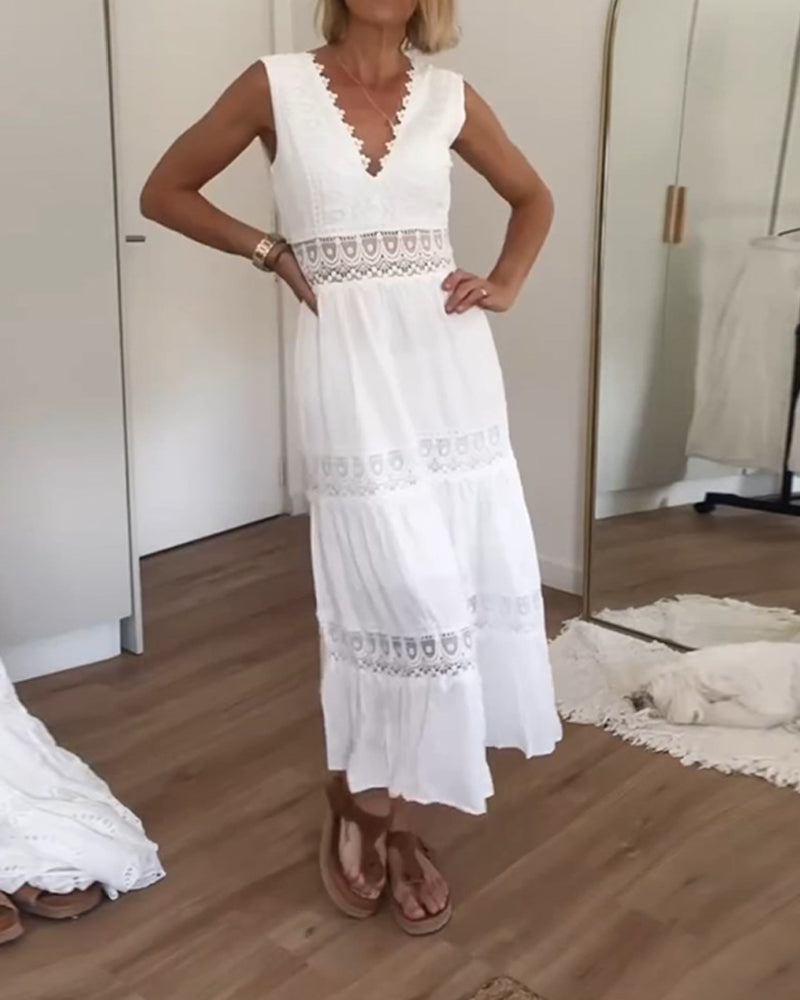 Weißes Boho-Midikleid für Damen aus Spitze – V-Ausschnitt, ärmellos