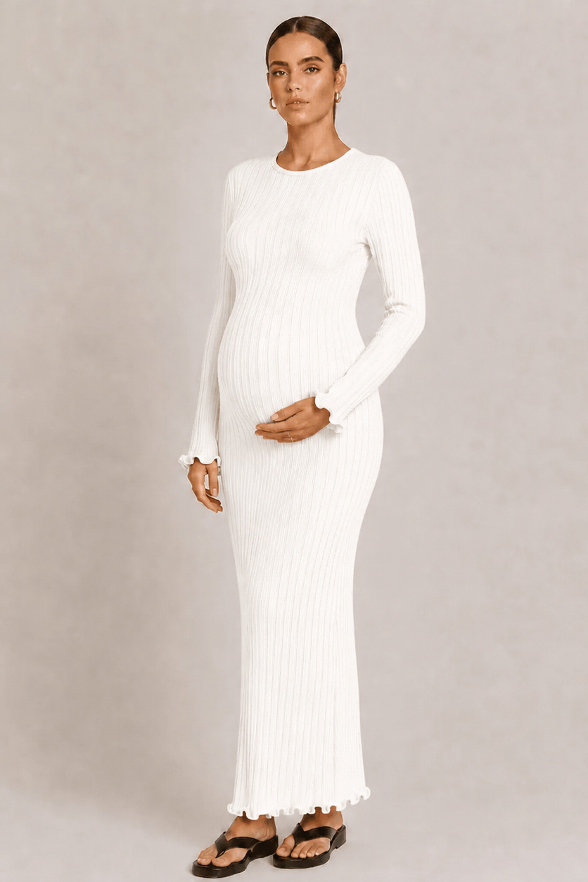 Umstandsstrickkleid für Damen aus geripptem Strick – Langärmlig, taillierte Passform
