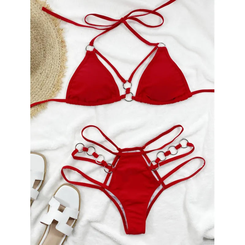Zweiteiliger Damenbikini mit Trägern – Mesh-Ausschnitte und Metallring