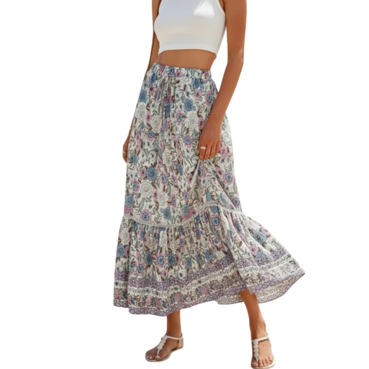 Maxi-Rock für Damen mit Blumenmuster aus Rayon-Mischung – Hohe Taille mit Kordelzug