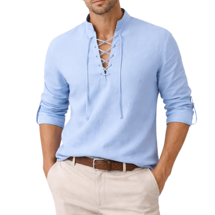 Camicia Uomo Maniche Lunghe – Collo alla Coreana con Lacci Cotone Traspirante