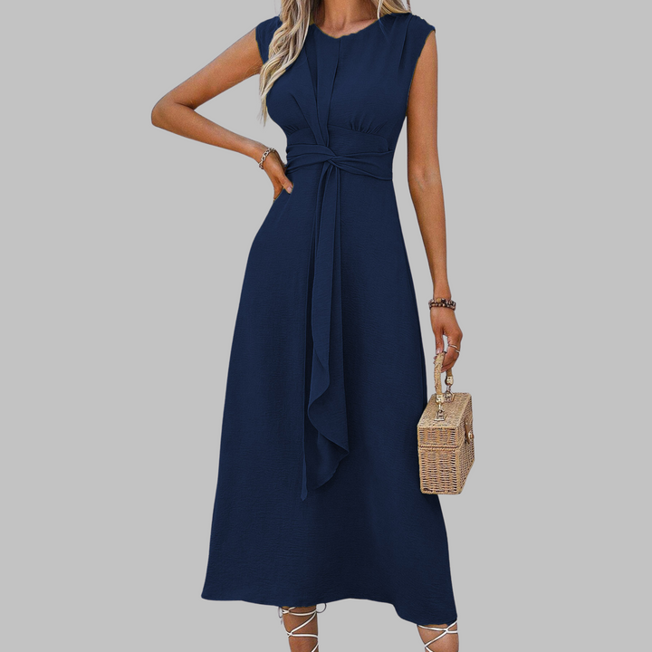 Abito donna midi senza maniche – collo rotondo e cintura annodata