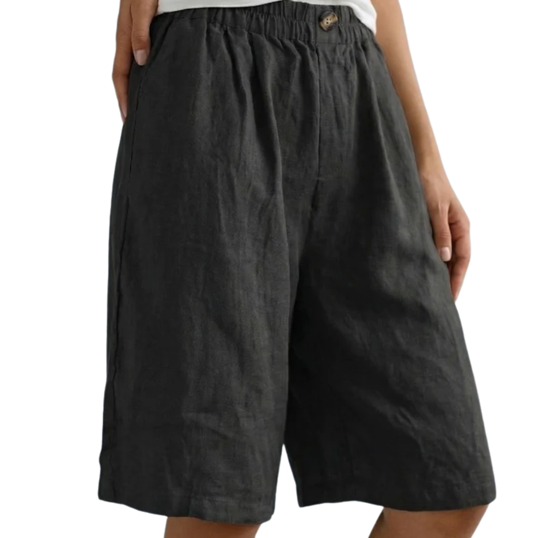 Kurze Damenhose mit hoher Taille aus Baumwoll-Leinen-Mischung – Lässiger Schnitt