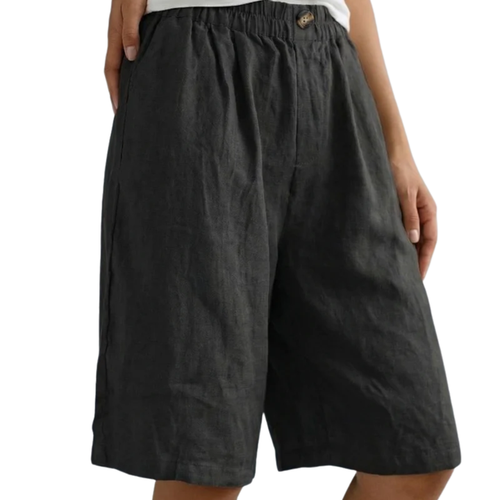Kurze Damenhose mit hoher Taille aus Baumwoll-Leinen-Mischung – Lässiger Schnitt