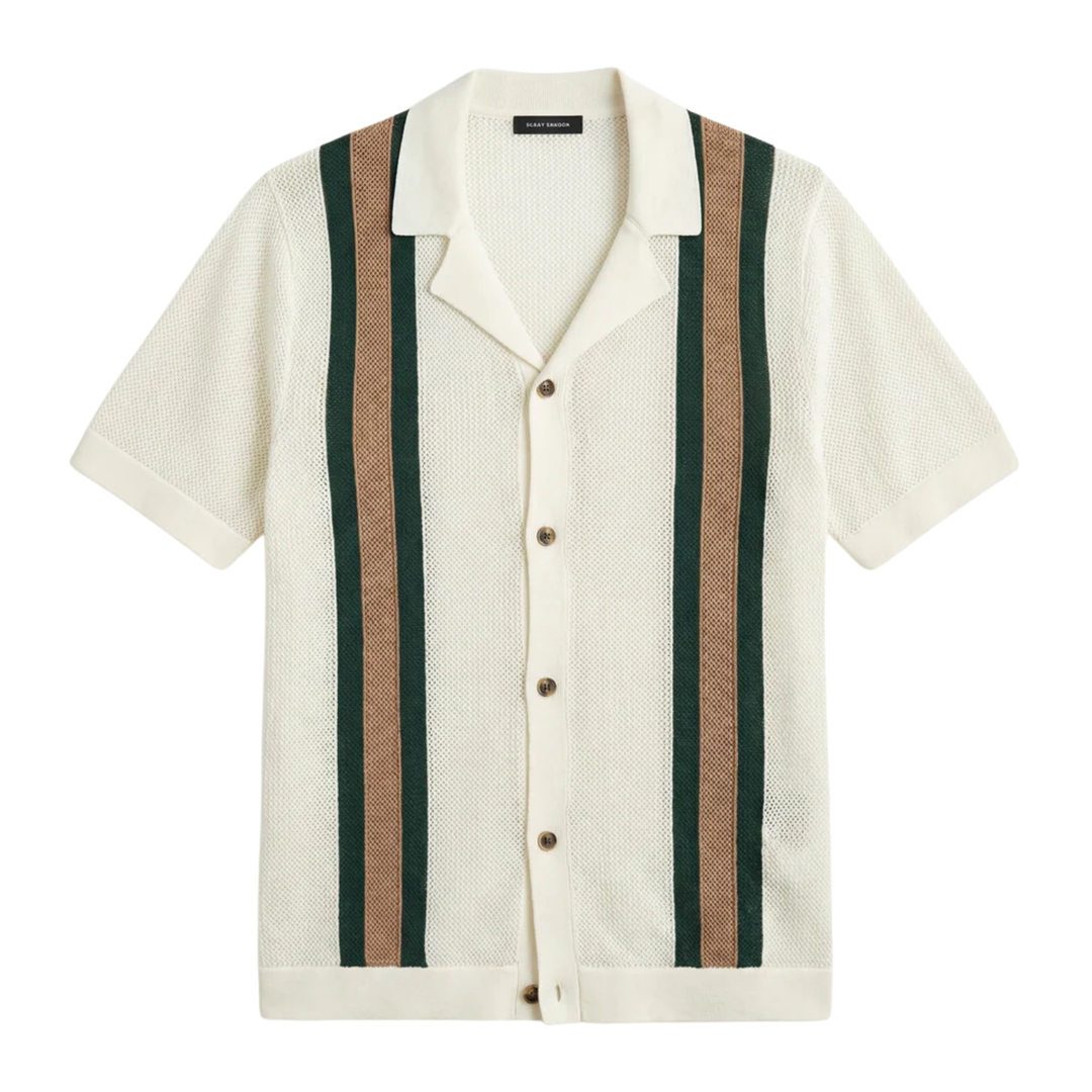 Polo Homme en Maille Ajourée – Rayures Verticales Style Vintage