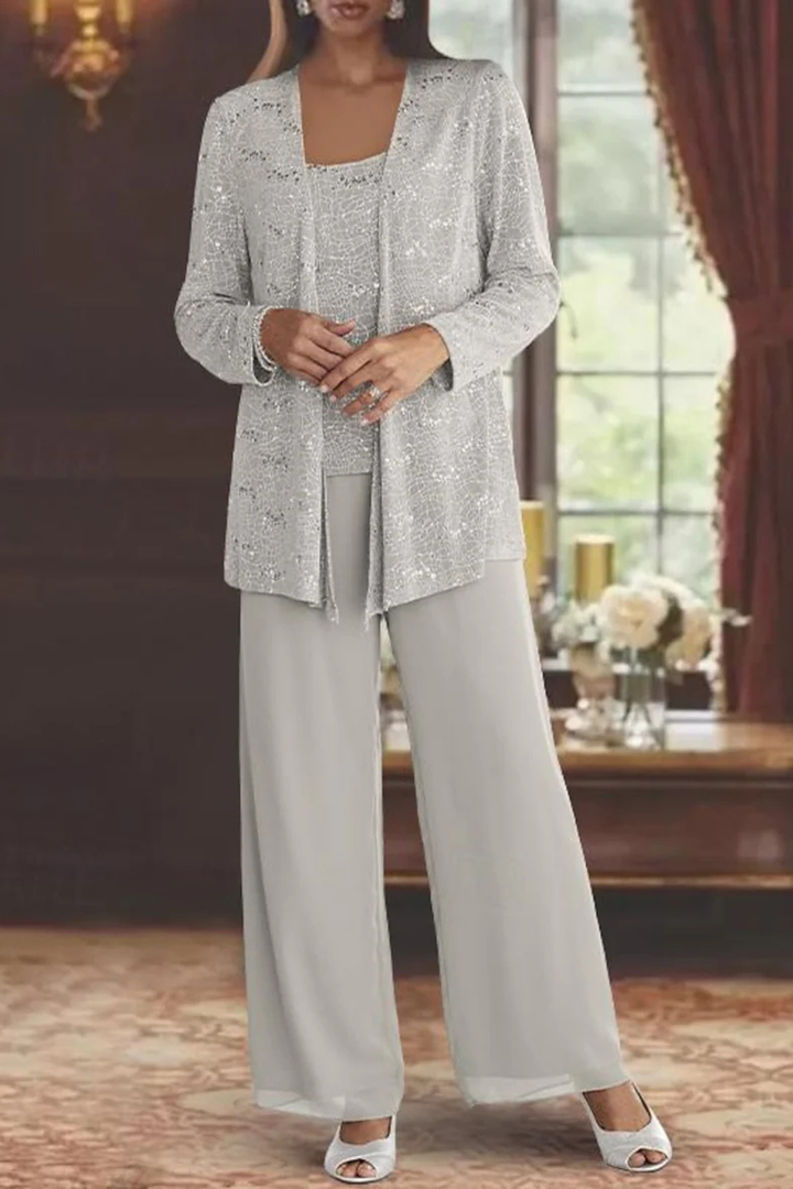 Completo Donna Tre Pezzi con Paillettes e Pizzo – Pantaloni Larghi