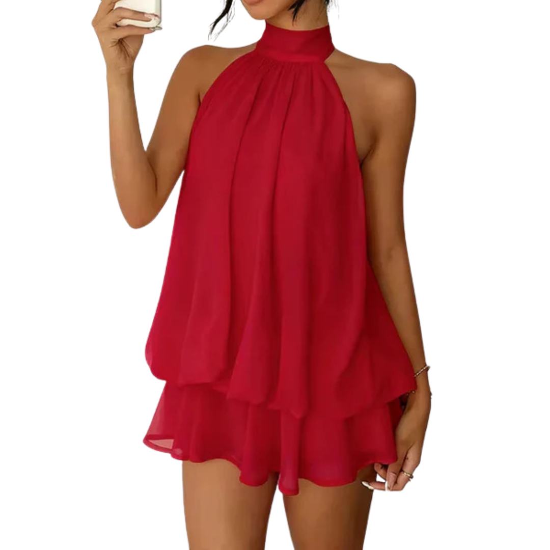 Robe Mini Femme à Volants Étagés – Dos Nu Halter Trapèze