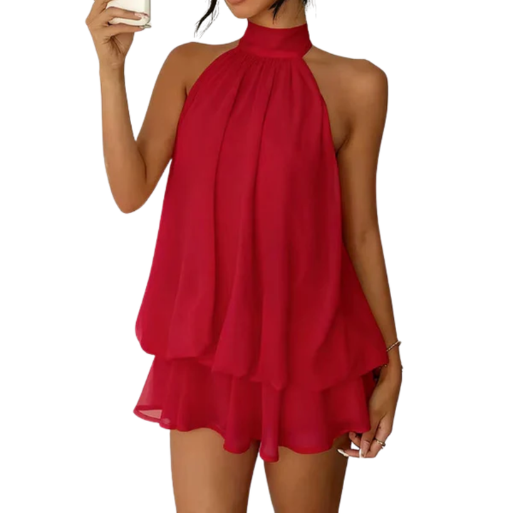 Robe Mini Femme à Volants Étagés – Dos Nu Halter Trapèze