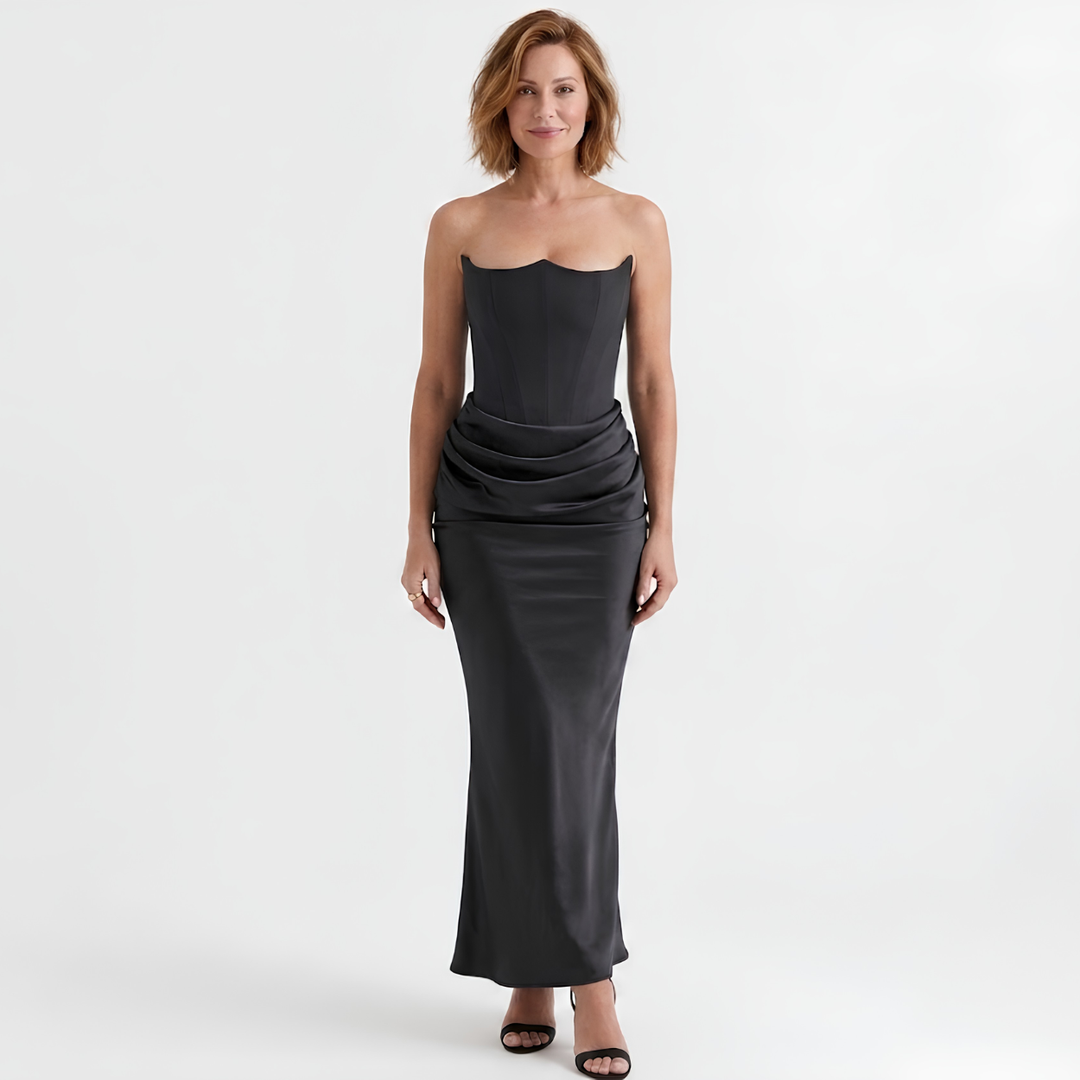 Langes Damenkleid mit eng anliegendem Bustier – Strukturierte Rüschen