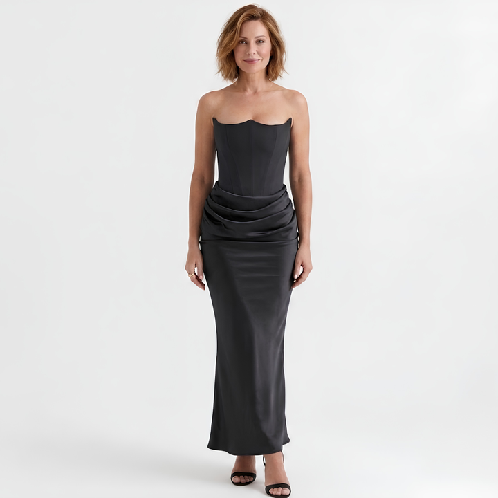 Langes Damenkleid mit eng anliegendem Bustier – Strukturierte Rüschen