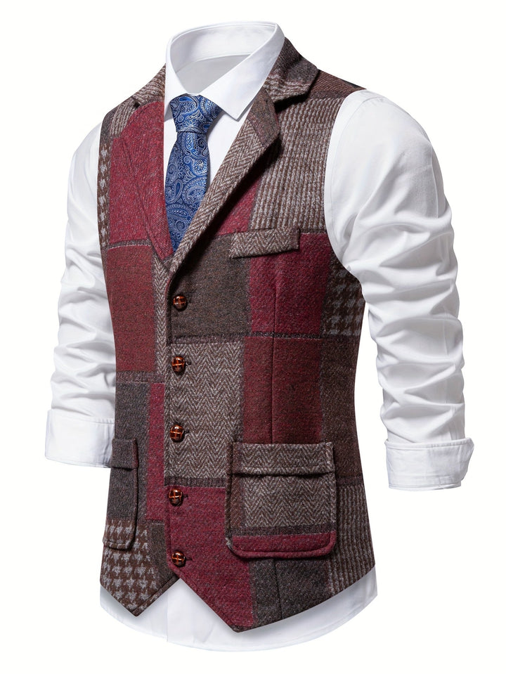 Herren Weste im Patchwork-Chevron-Stil aus Tweed – Kerbkragen und Knopfverschluss