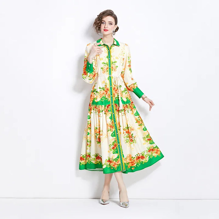 Maxikleid für Damen mit Trompetenärmeln im Retro-Stil – künstlerischer Print