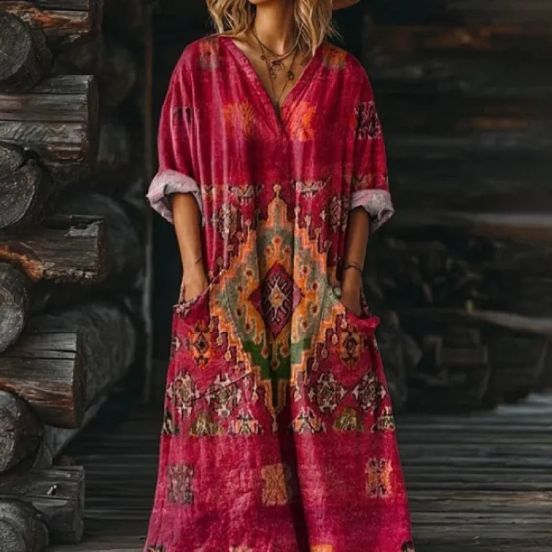 Vintage-Maxikleid für Damen mit Blumenmuster – lässiger V-Ausschnitt mit Taschen