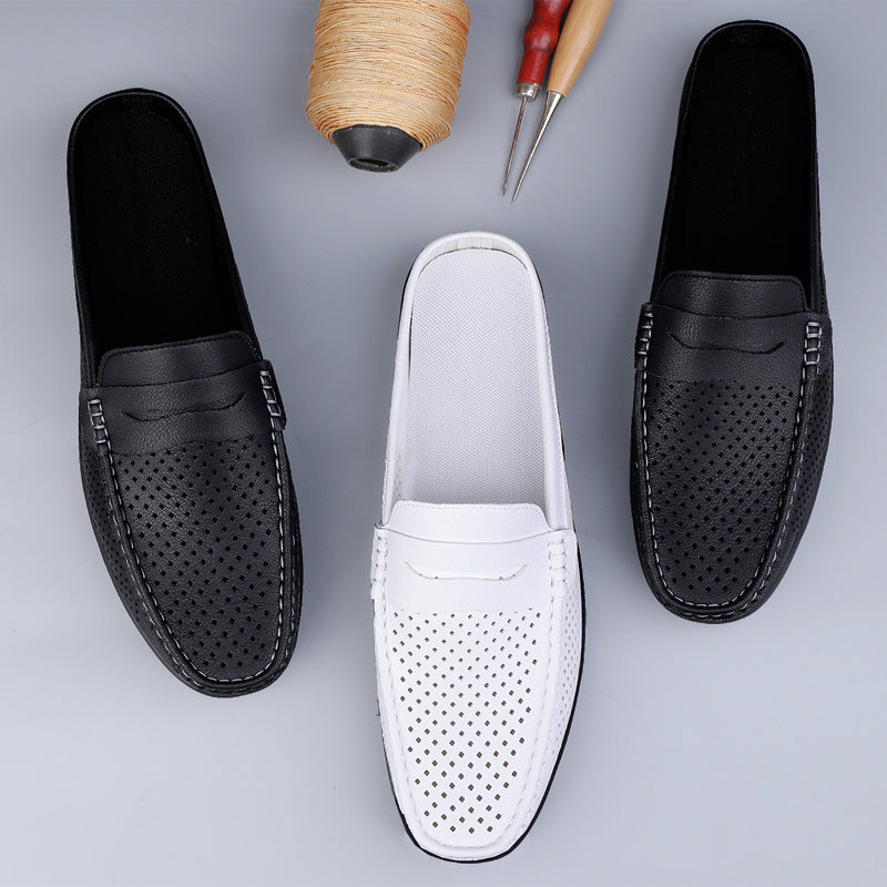 Herren Mokassins Mules Slip-On aus Perforiertem Leder – Offener Fersenbereich, Gummisohle