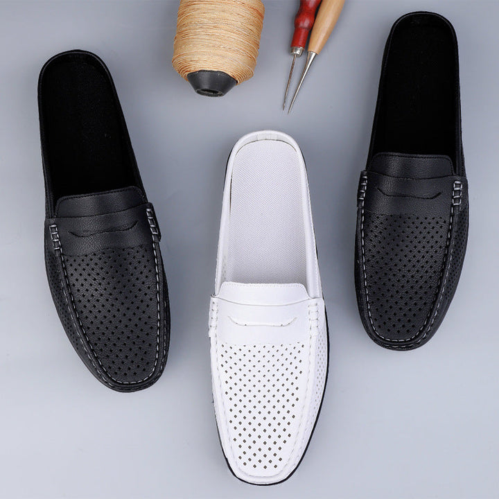 Herren Mokassins Mules Slip-On aus Perforiertem Leder – Offener Fersenbereich, Gummisohle