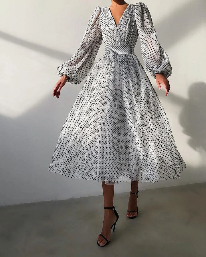 Vestito Donna Portafoglio Midi a Pois – Maniche a Sbuffo e Scollo a V