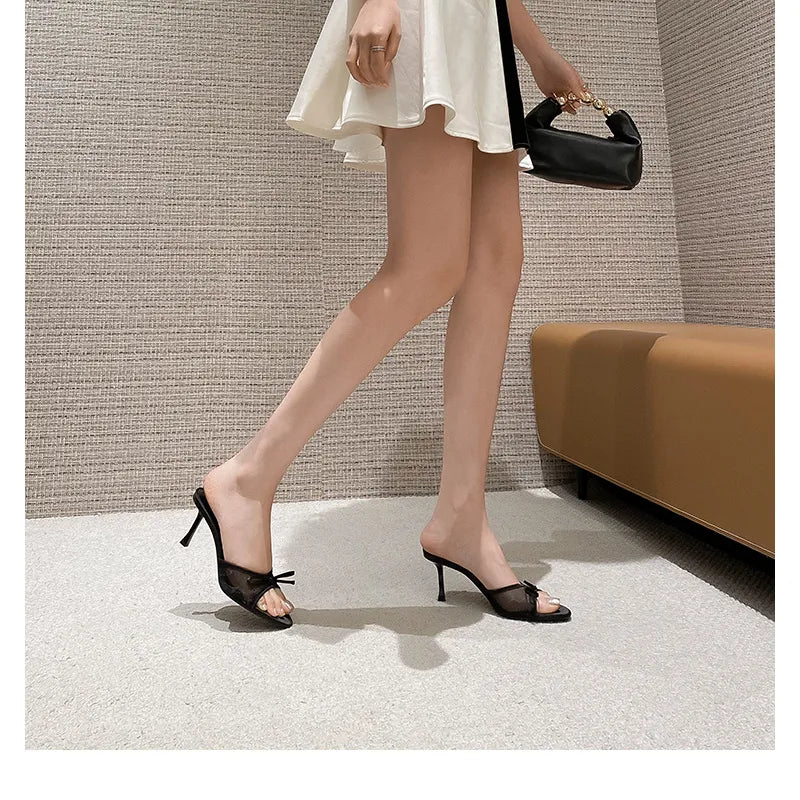 Women's High Heel Mesh Sandals – Minimalist Bow Detail