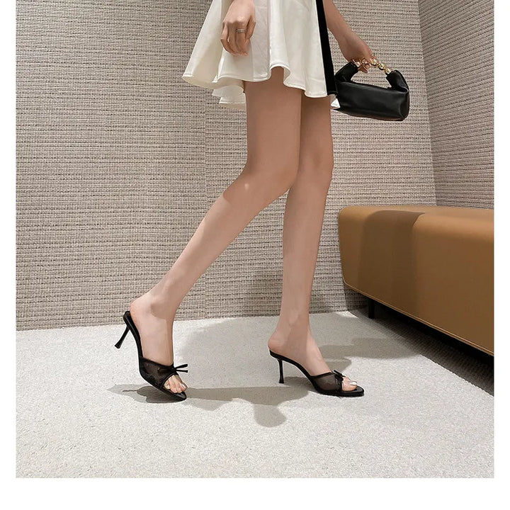 Women's High Heel Mesh Sandals – Minimalist Bow Detail