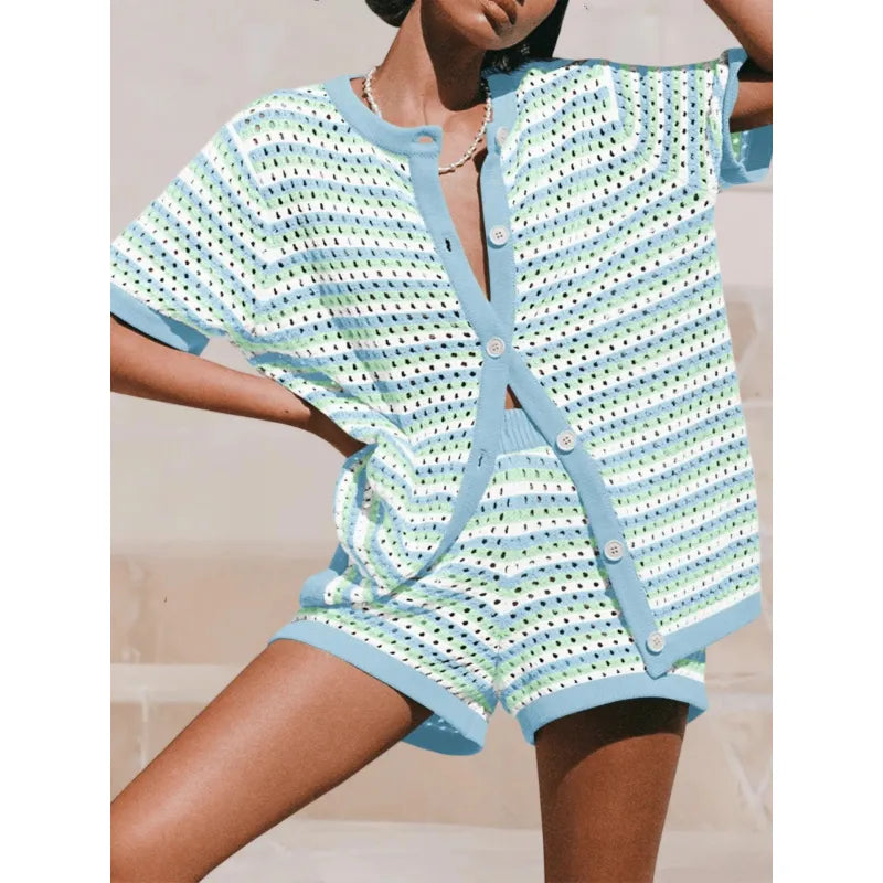 Ensemble Cardigan Femme Maille Ajourée Rayée – Coupe Décontractée