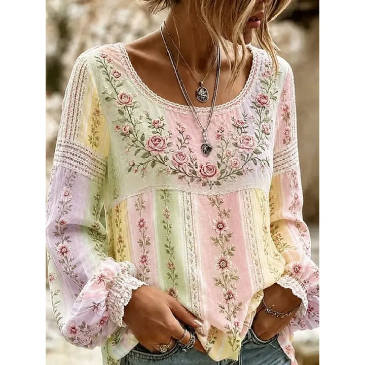 Damenbluse aus Leinenmischung – florale Stickerei, lockerer Schnitt