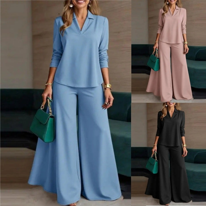 Completo Due Pezzi Donna – Scollo a V, Maniche Lunghe e Pantaloni Larghi Minimalista