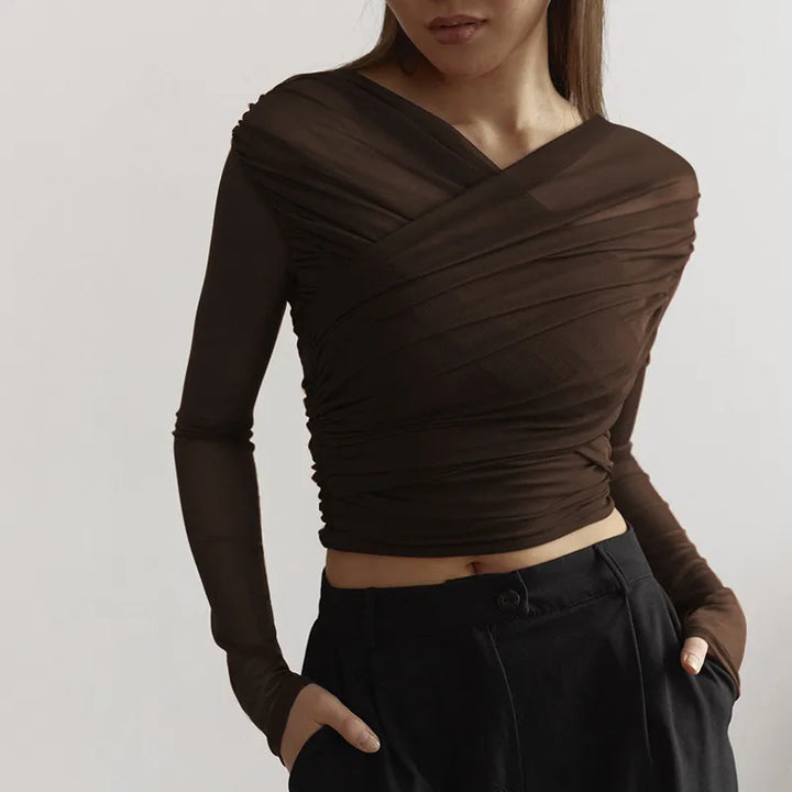 Top plisado de manga larga para mujer – Corte entallado elegante