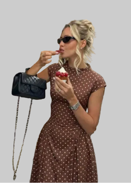 Robe Longue Femme à Pois – Col Haut Manches Courtes Coupe A-Line