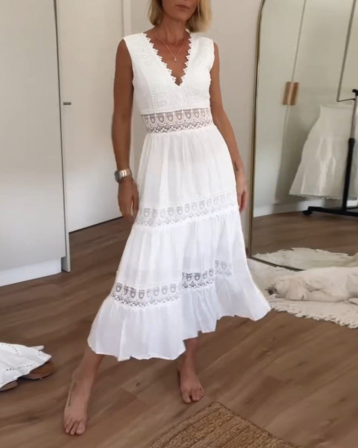 Weißes Boho-Midikleid für Damen aus Spitze – V-Ausschnitt, ärmellos