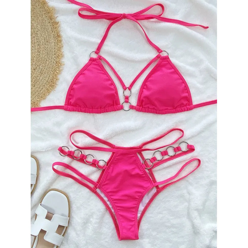 Zweiteiliger Damenbikini mit Trägern – Mesh-Ausschnitte und Metallring