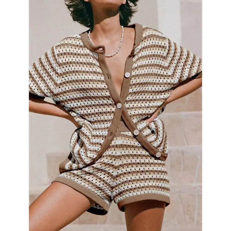 Ensemble Cardigan Femme Maille Ajourée Rayée – Coupe Décontractée