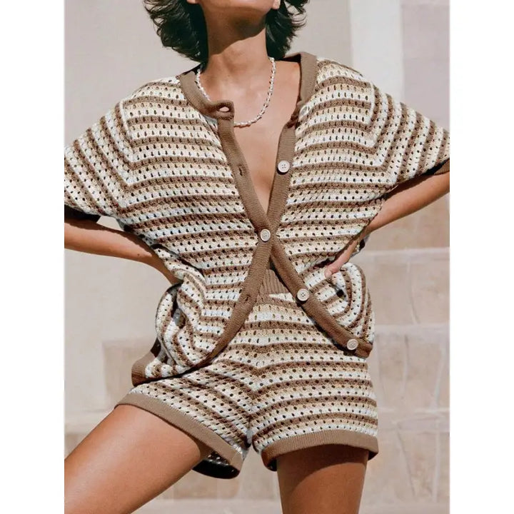 Ensemble Cardigan Femme Maille Ajourée Rayée – Coupe Décontractée