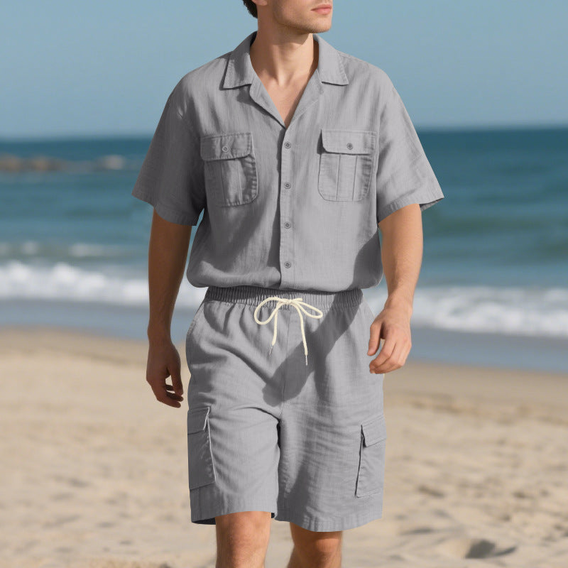 Completo Uomo Lino – Camicia con Colletto &amp; Pantaloncini Cargo Traspiranti