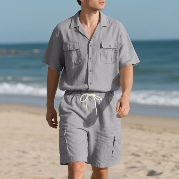 Completo Uomo Lino – Camicia con Colletto &amp; Pantaloncini Cargo Traspiranti