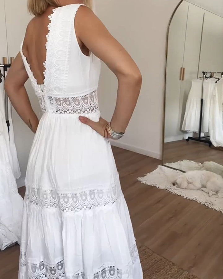 Weißes Boho-Midikleid für Damen aus Spitze – V-Ausschnitt, ärmellos