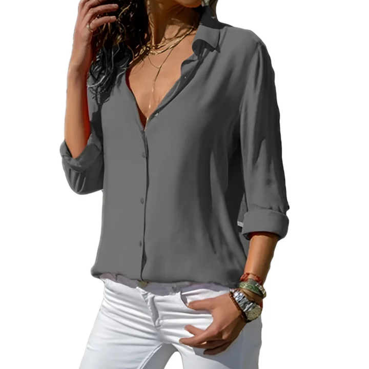 Women's Flowing Shirt – Elegant V-Neck and Long Buttoned Sleeves