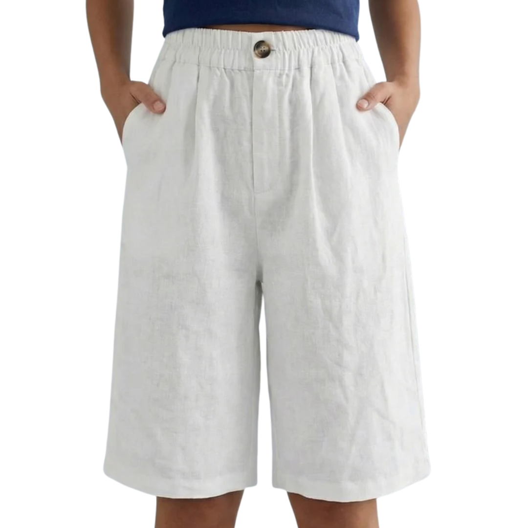 Kurze Damenhose mit hoher Taille aus Baumwoll-Leinen-Mischung – Lässiger Schnitt