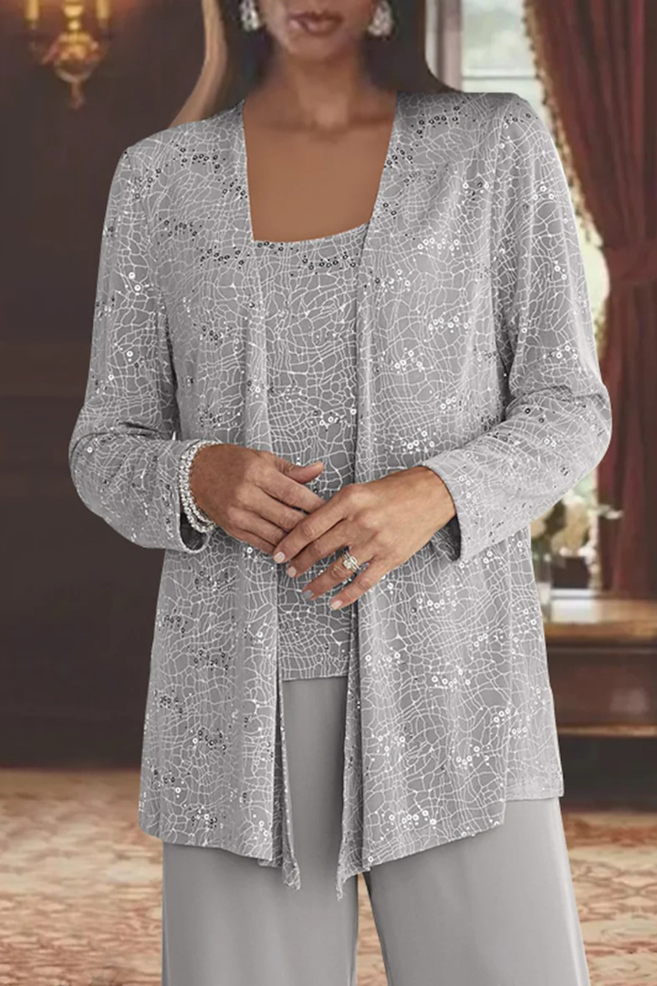 Completo Donna Tre Pezzi con Paillettes e Pizzo – Pantaloni Larghi