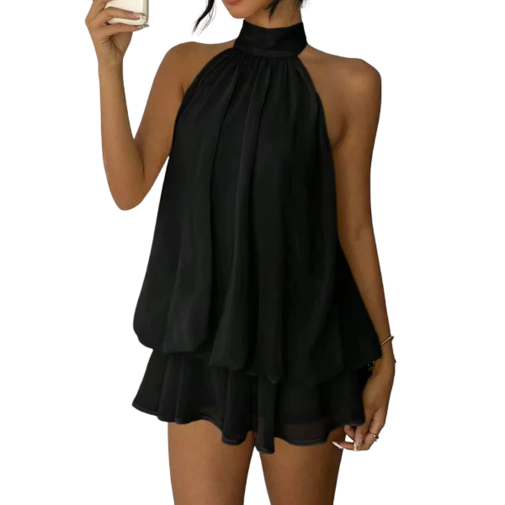 Robe Mini Femme à Volants Étagés – Dos Nu Halter Trapèze