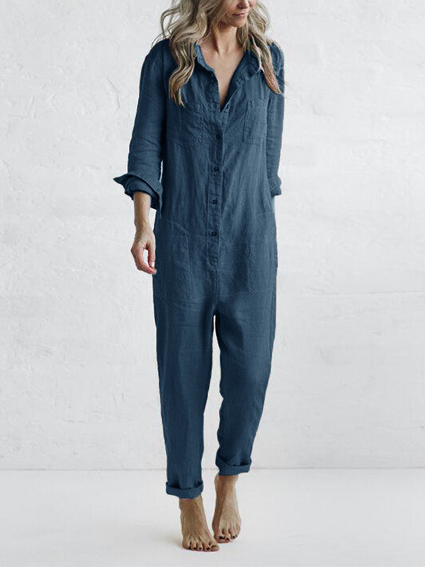 Dame Jumpsuit med Lange Ærmer – Knappet, Afslappet Pasform