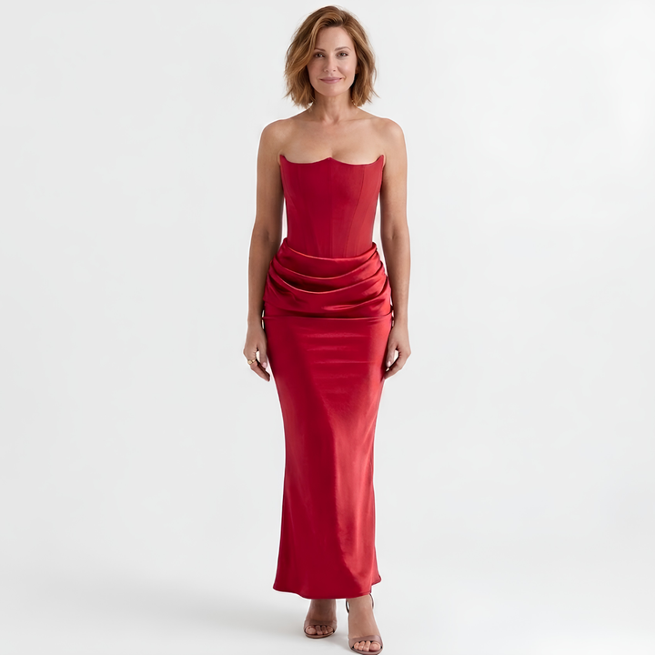 Langes Damenkleid mit eng anliegendem Bustier – Strukturierte Rüschen