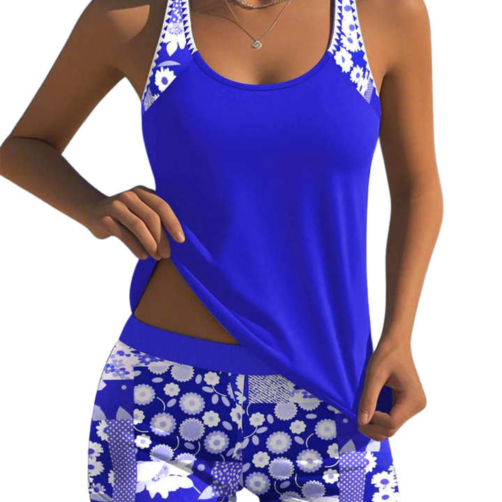 Tankini donna floreale – top collo tondo e pantaloncini da bagno a vita alta