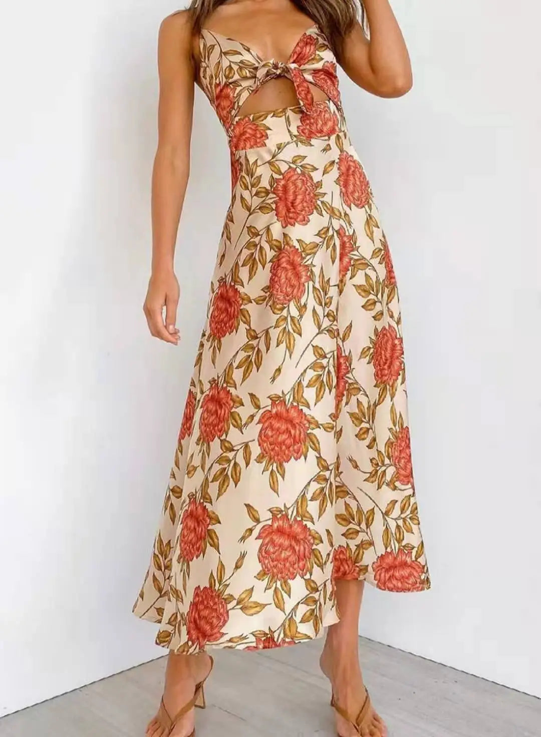 Abito midi donna floreale – scollo a V, nodo frontale e spalline regolabili