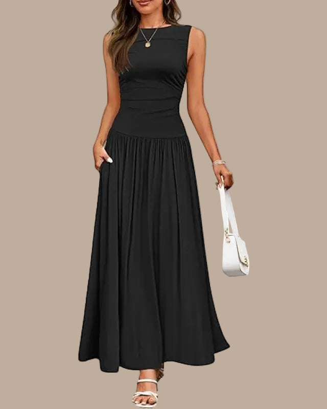 Ärmelloses langes Damenkleid – geraffte Taille und weiter Rock