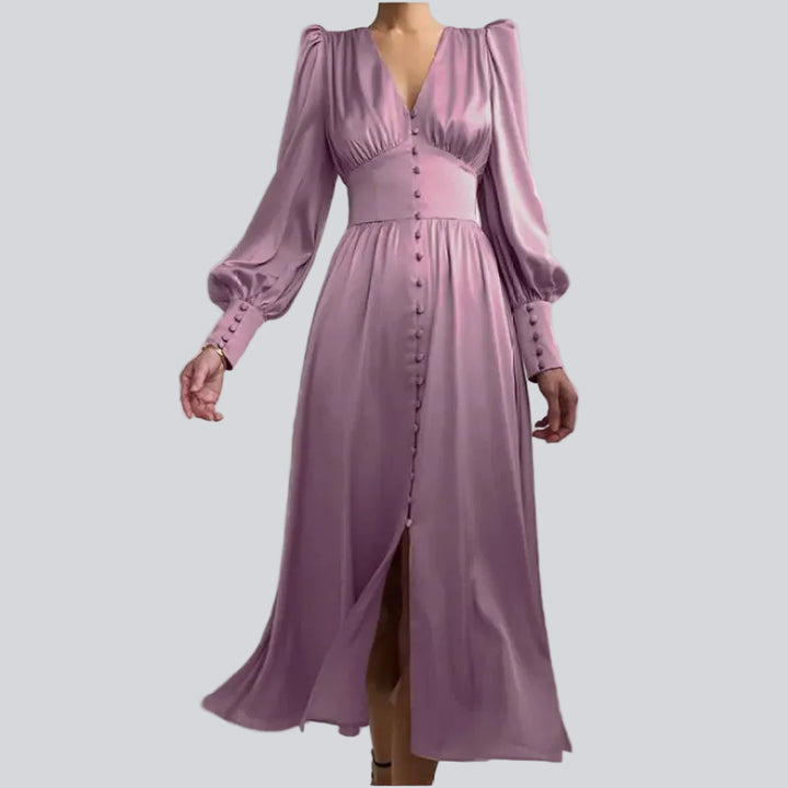 Satin-Midikleid für Damen – Laternenärmel, taillierter Schnitt