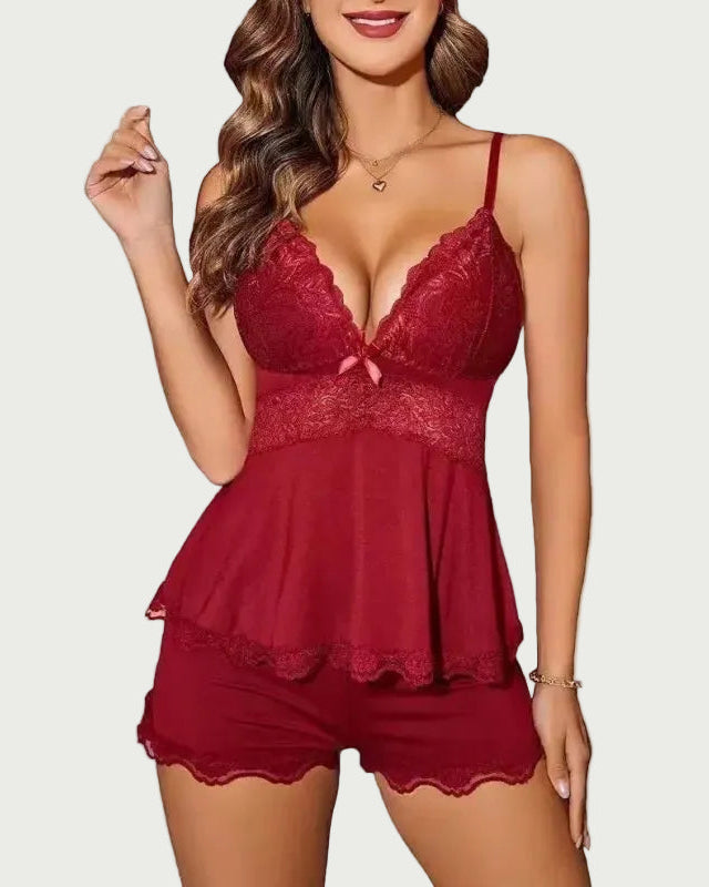 Damen-Dessous-Set – Spitzen-Top mit V-Ausschnitt & passender Shorts