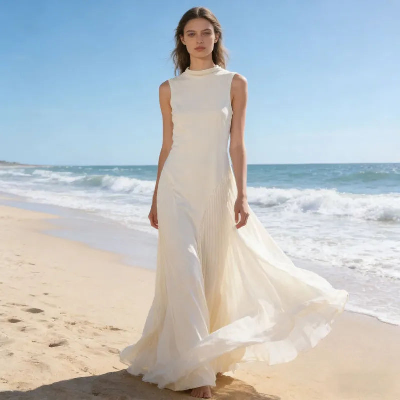 Langes Plissiertes Damenkleid – Figurbetonte Silhouette und fließender Rock