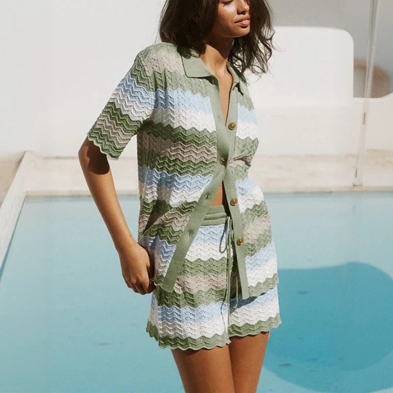 Ensemble Deux Pièces Femme Crochet Maille Ouverte – Rayé Cover-Up Plage