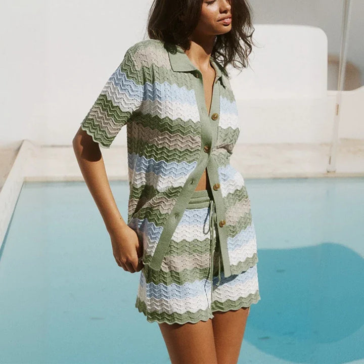 Ensemble Deux Pièces Femme Crochet Maille Ouverte – Rayé Cover-Up Plage